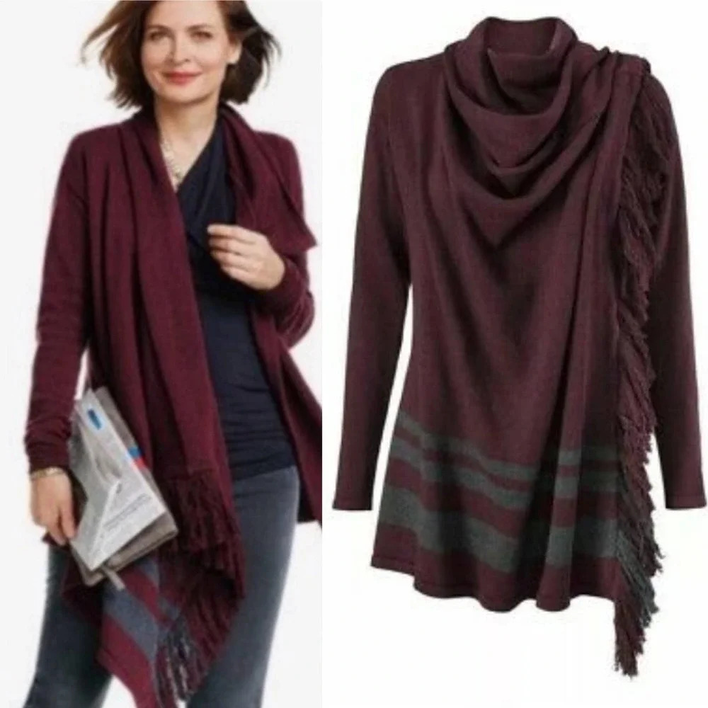 Cabi Port Wine Fringe Wrap Cardigan Sweater